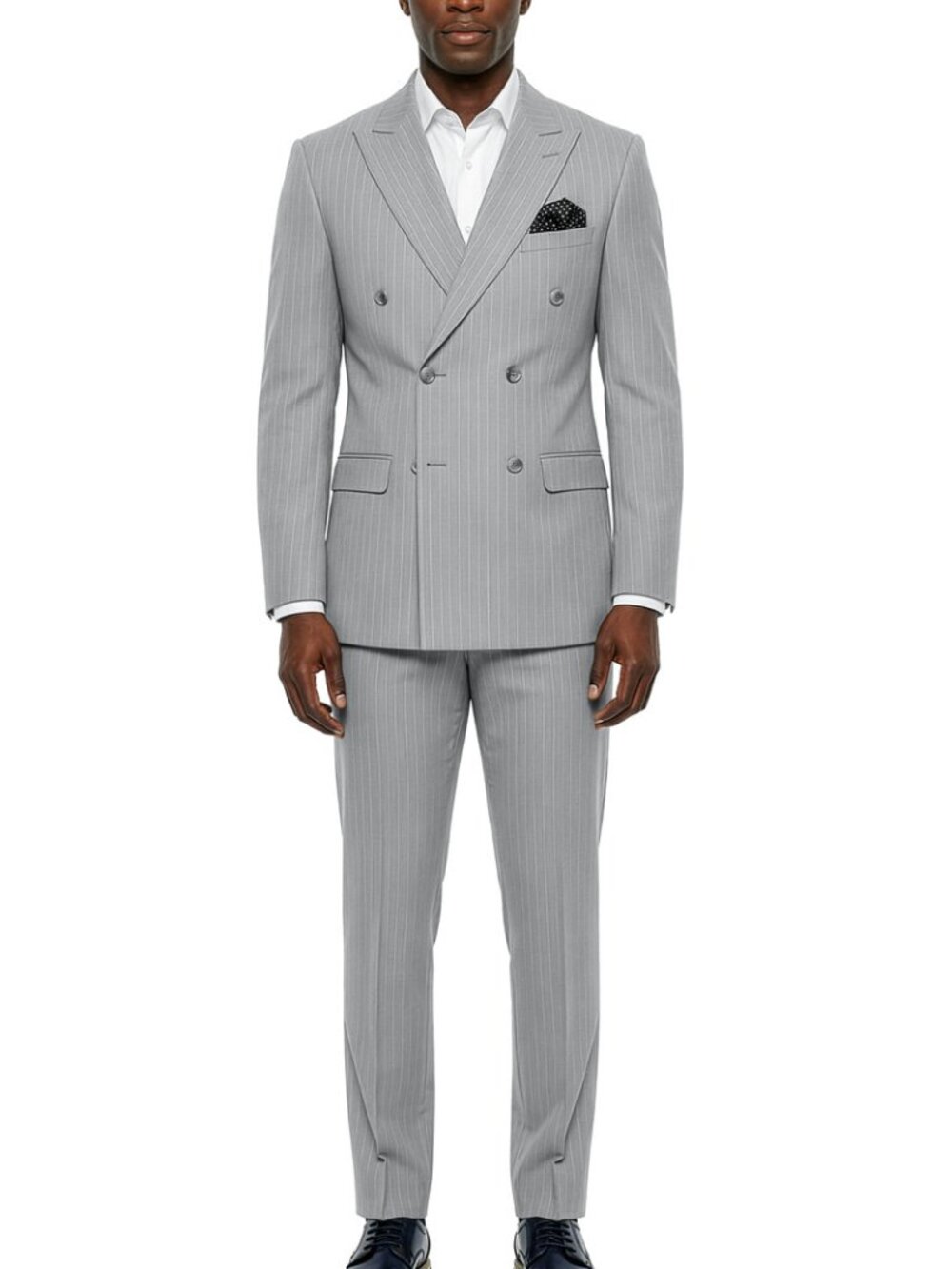Premium Light Grey Pinstripe Double Breasted Peak Lapel Stacy Adams Men's Suit